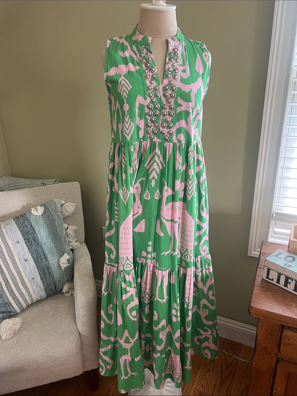 Sheridan French peacock ikat green and pink Maxi Dress with Embellished placket